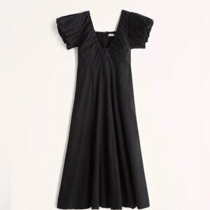 Abercrombie & Fitch Puff Sleeve Plunge Midi Dress - XS black petite